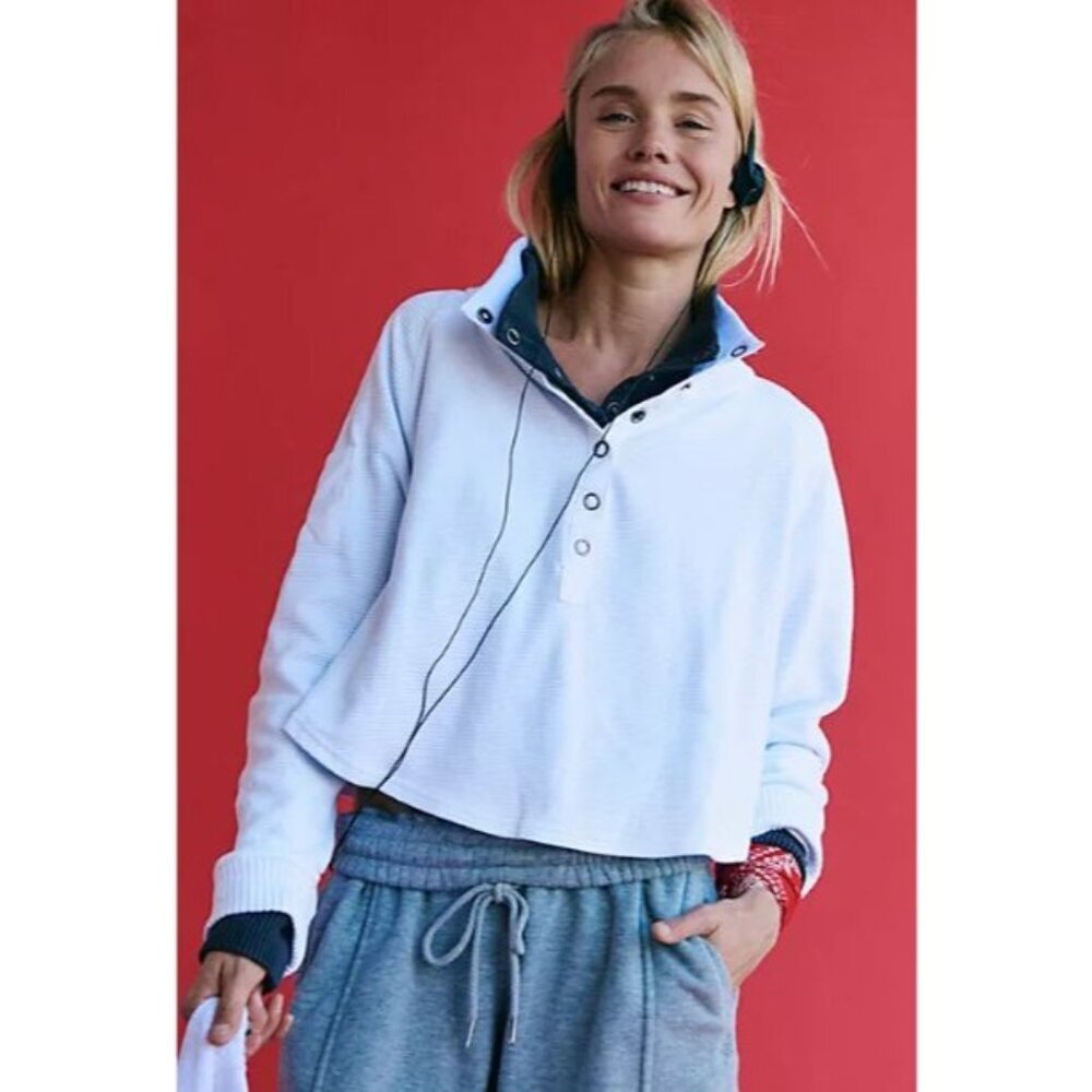 Free People White Cropped Henley Pullover with Navy Trim